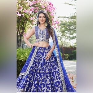 Royal Blue Floral Lehenga Skirt Set